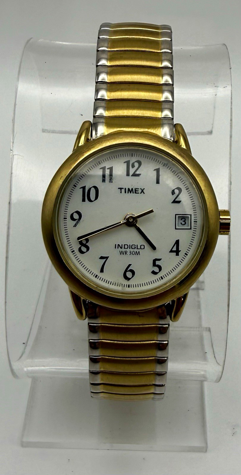 Timex Indiglo Quartz Casual Two-Tone SS Bracelet White Arabic Dial Date WR30M