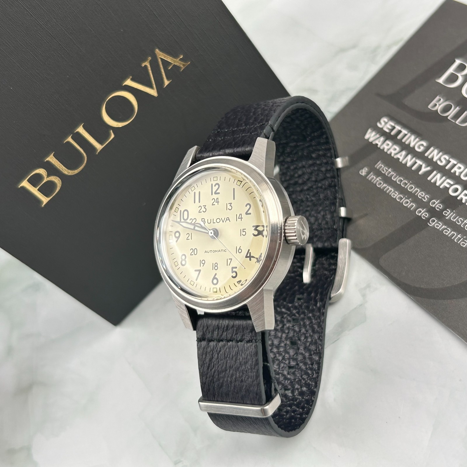 Bulova Men’s Hack Watch 96A246 Ivory Dial Automatic Black Leather Strap New 38mm