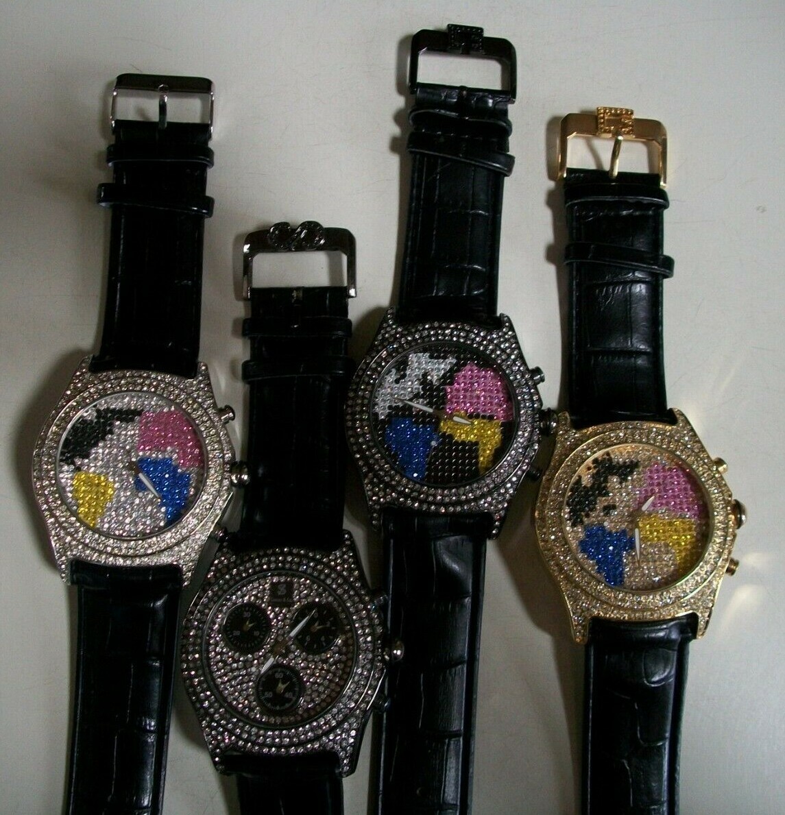Men Bling Silver, Multicolor, Plain & Map Dial Black Leather Band Fashion Watch