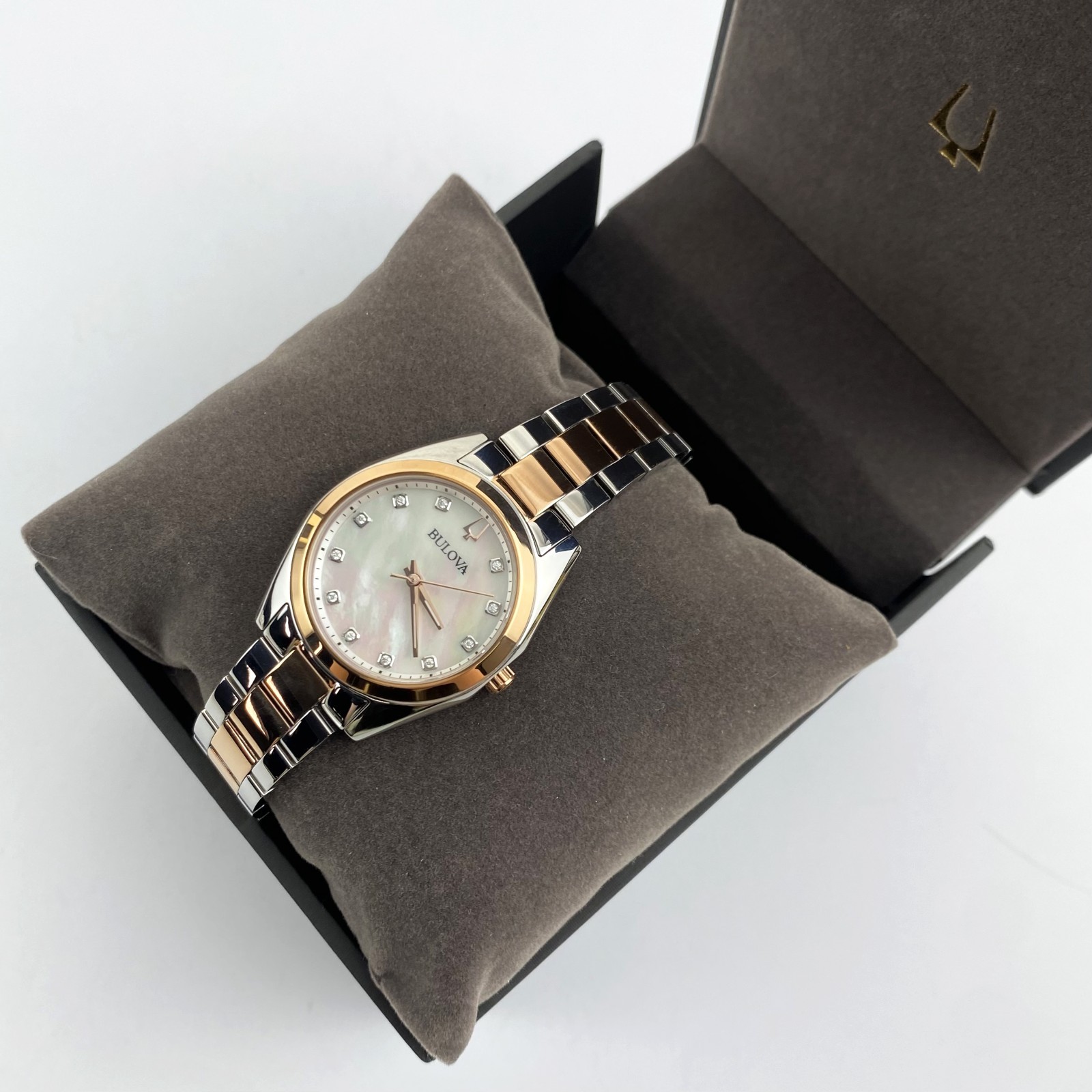 Bulova Surveyor 98P207 Womens Watch Mother of Pearl Dial Rose Gold Tone Strap