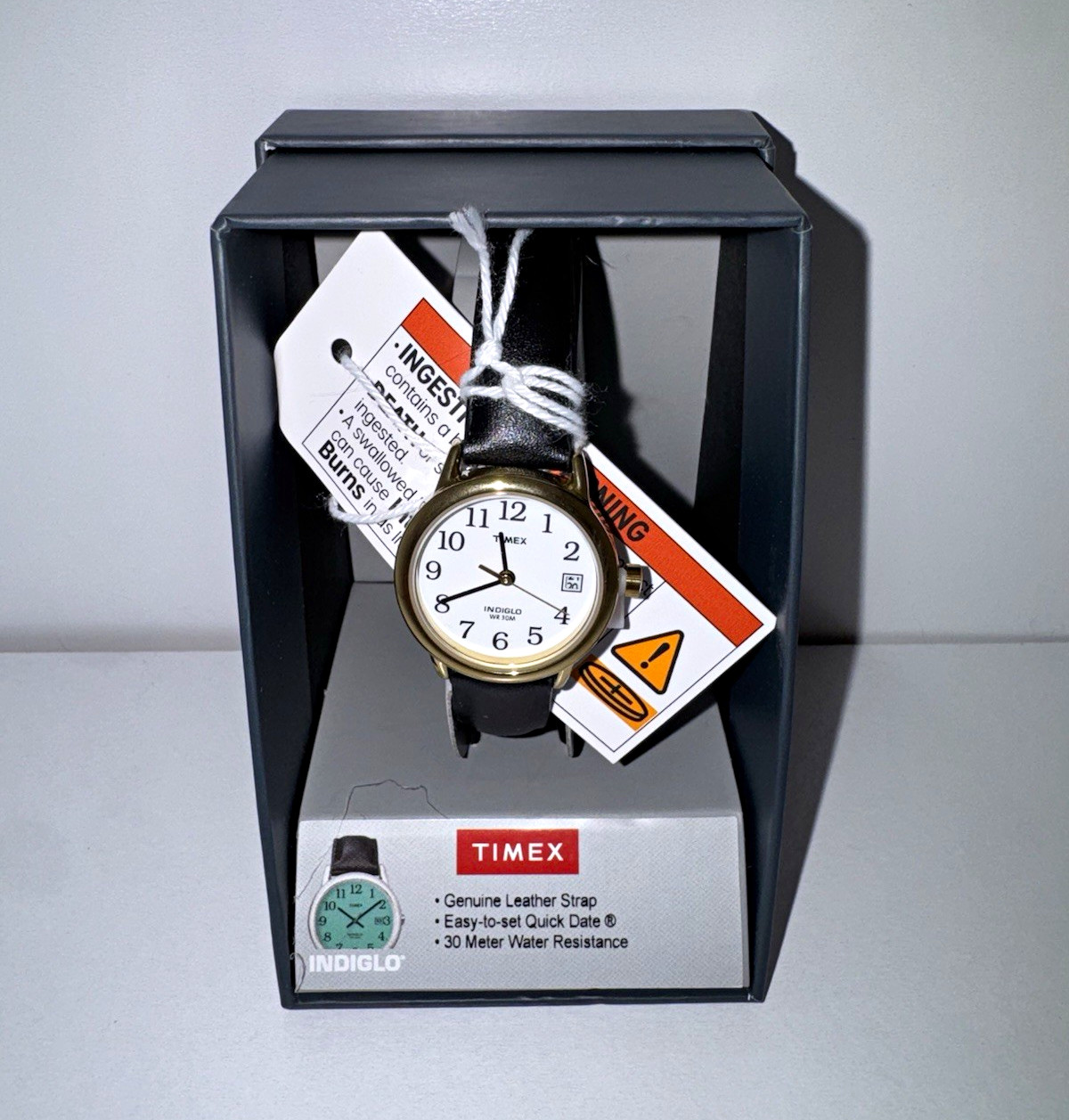 Timex Indiglo Quartz Analog Wristwatch White Dial Black Leather Strap Date