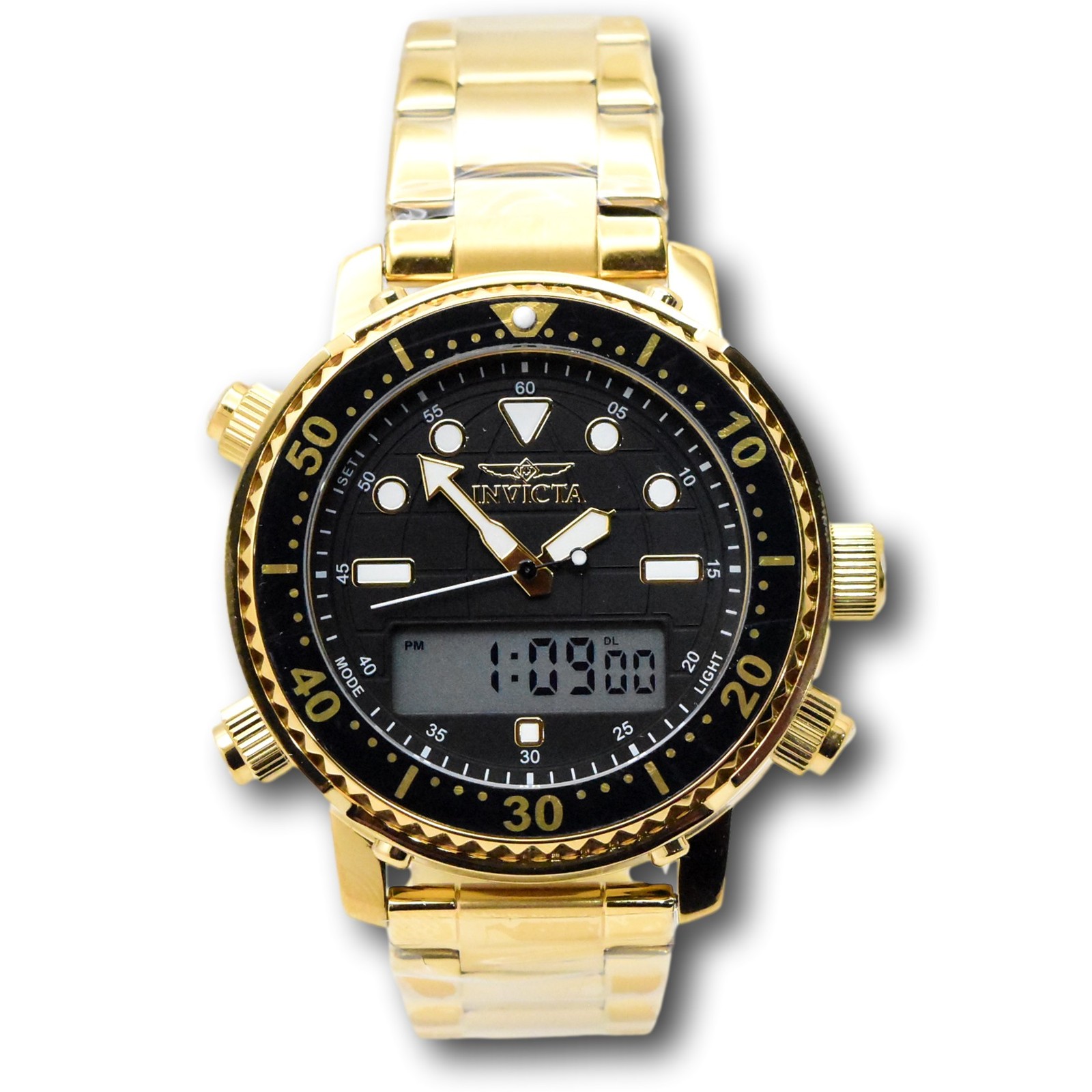 Invicta Pro Diver Men’s 46.5mm Gold Dual Time Digital Ana-Digi Watch 48372