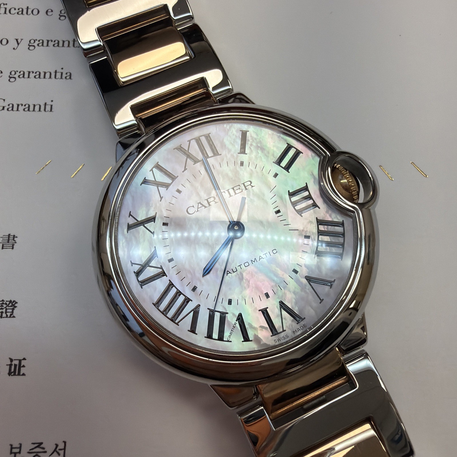 Cartier Ballon Bleu 18k Rose Gold And Stainless 36mm Pink Mop W6920033