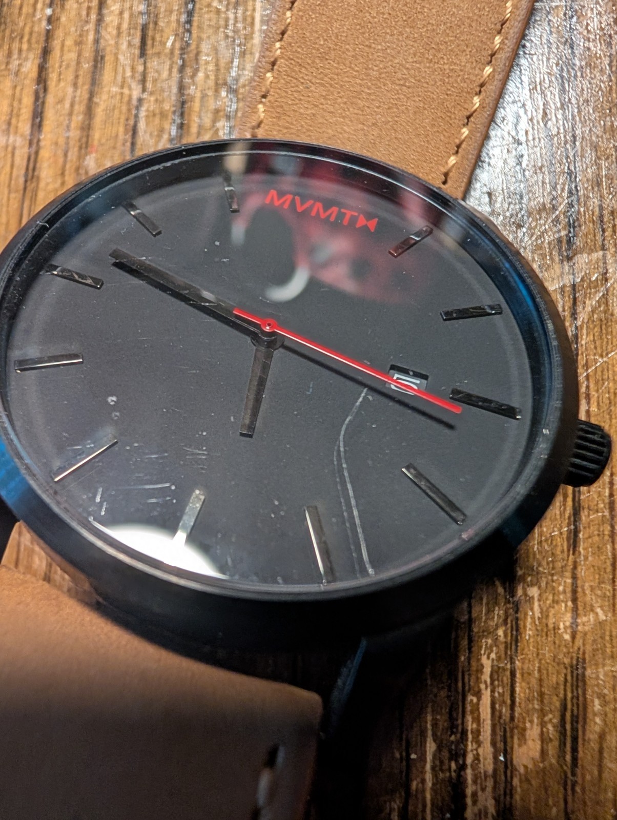 MVMT By Movado Men’s Classic Tan Leather Watch 45mm Black Dial With Box! Runs