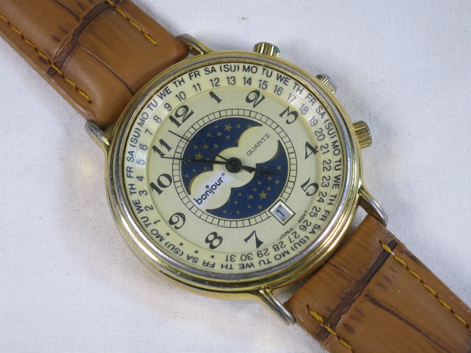 🔥 VINTAGE BON JOUR SUN /MOON CALENDER, 2 INNER ROTATING BEZEL WATCH,RARE, 80’s