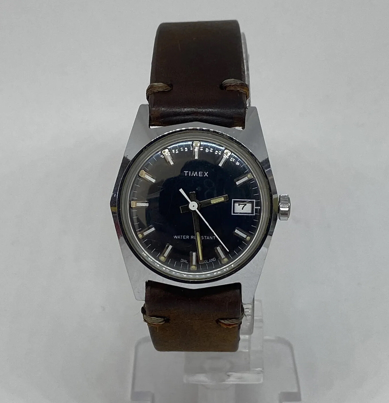 Timex Marlin Watch Mechanical England Blue Dial Rare Day Running W/ Leather Band