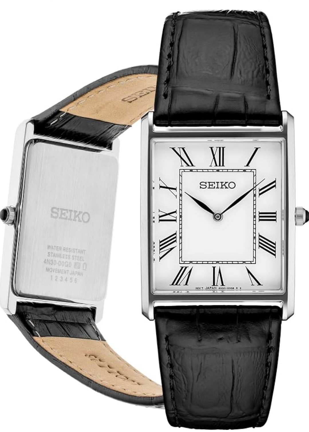 Seiko Tank Men’s Quartz Rectangle Watch White Roman Dial Black Leather 30m