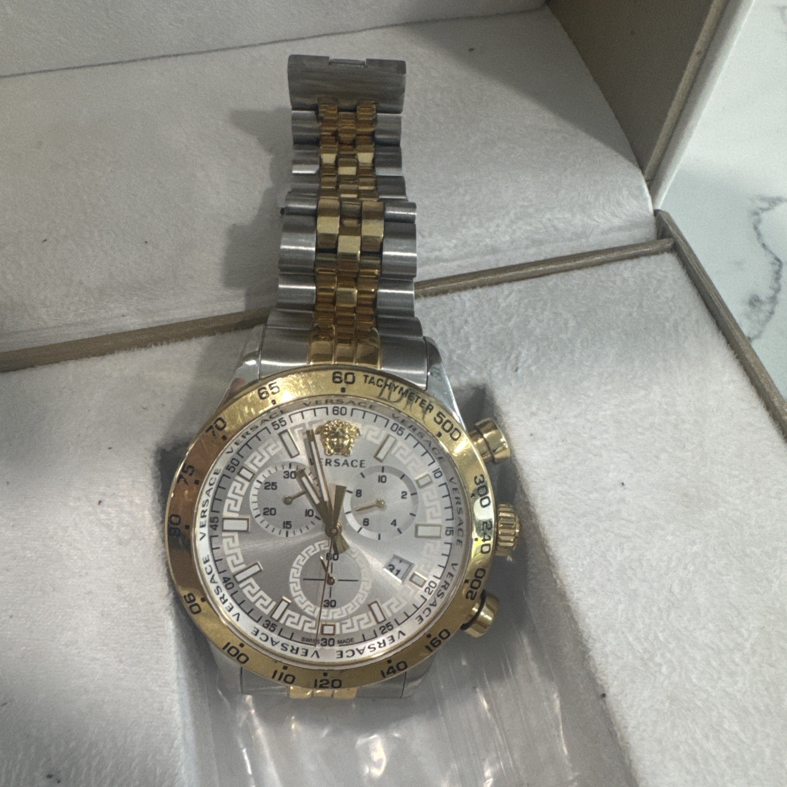 Versace VE2U00422 Hellenyium Chrono white silver gold Steel Men’s Watch NEW