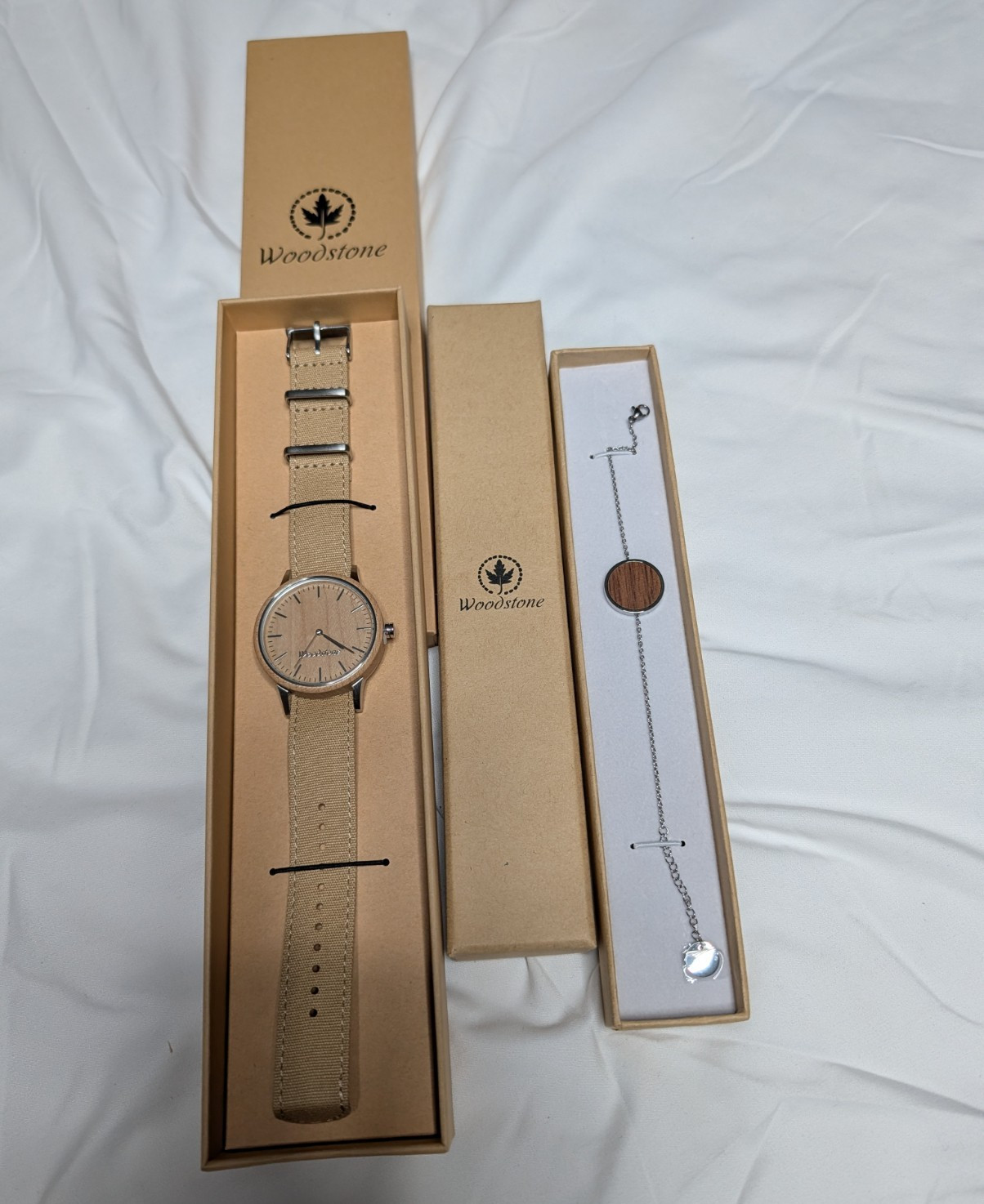 Woodstone Serenity Unisex Quartz Analog Watch Beige Dial/Strap Silver Box.