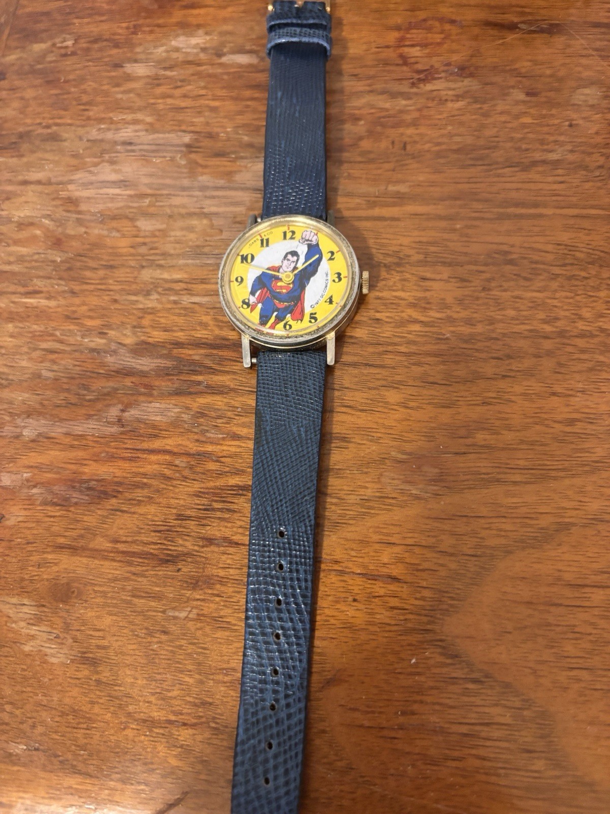 Superman Cartoon Dial Quartz Analog Watch, Stainless Steel, Blue Leather Lizard