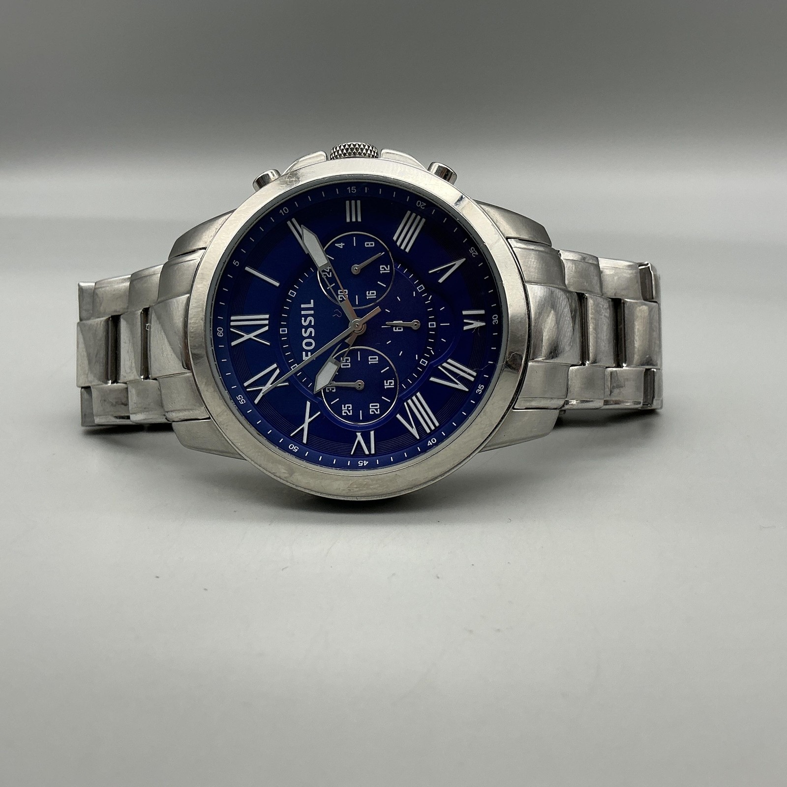 Fossil FS4844 Mens Watch 44mm Blue Dial Stainless Chronograph New Battery 7″