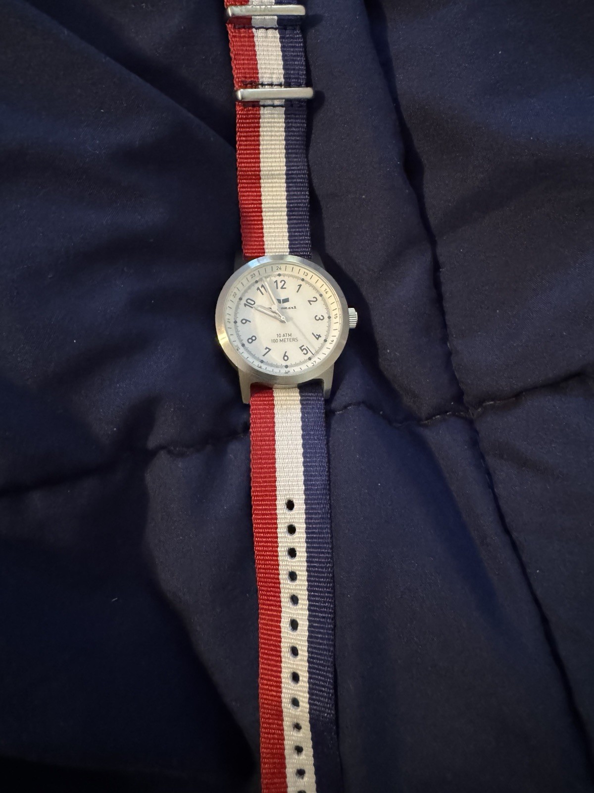 Vestal Analog Quartz Wristwatch White Dial 100m 10 ATM Red/White/Blue Strap