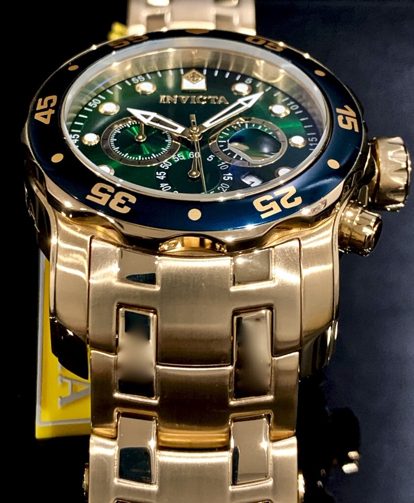 Invicta Mens Pro Diver Scuba Chronograph Green Dial 18Kt Gold Plated Watch 0075