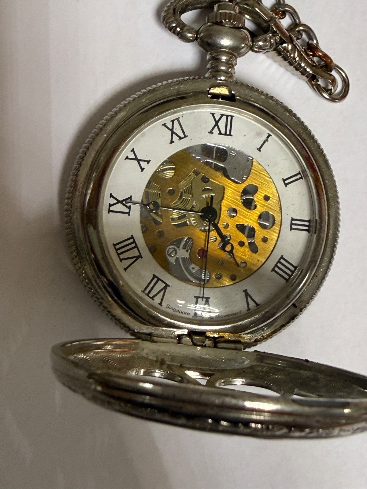 Vintage Skeleton Pocket Watch Roman Numerals Mechanical Style Singapore Movement