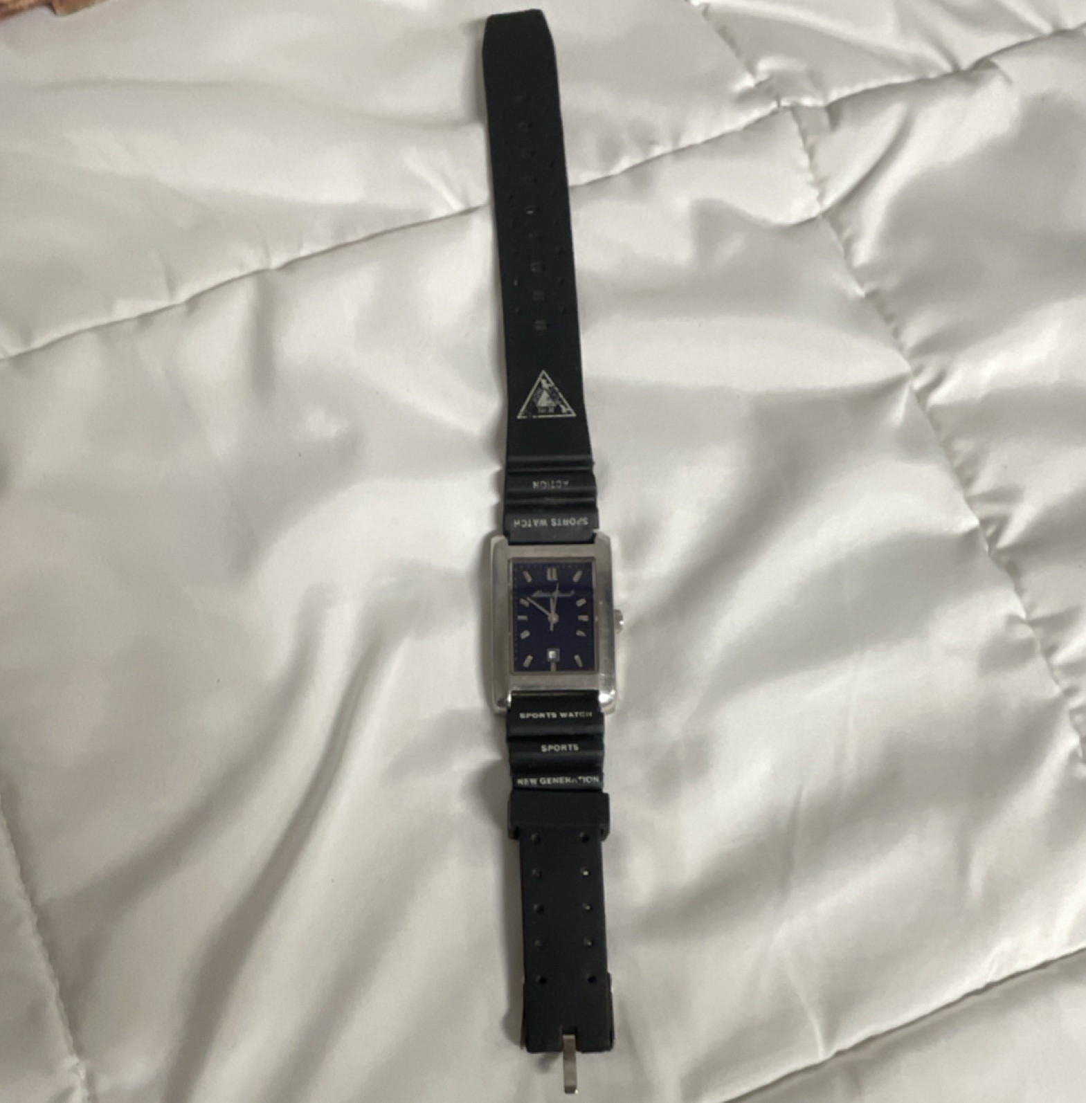 Eddie Bauer Rectangle Analog Watch Blue Dial Date Silver Case Black Rubber Strap