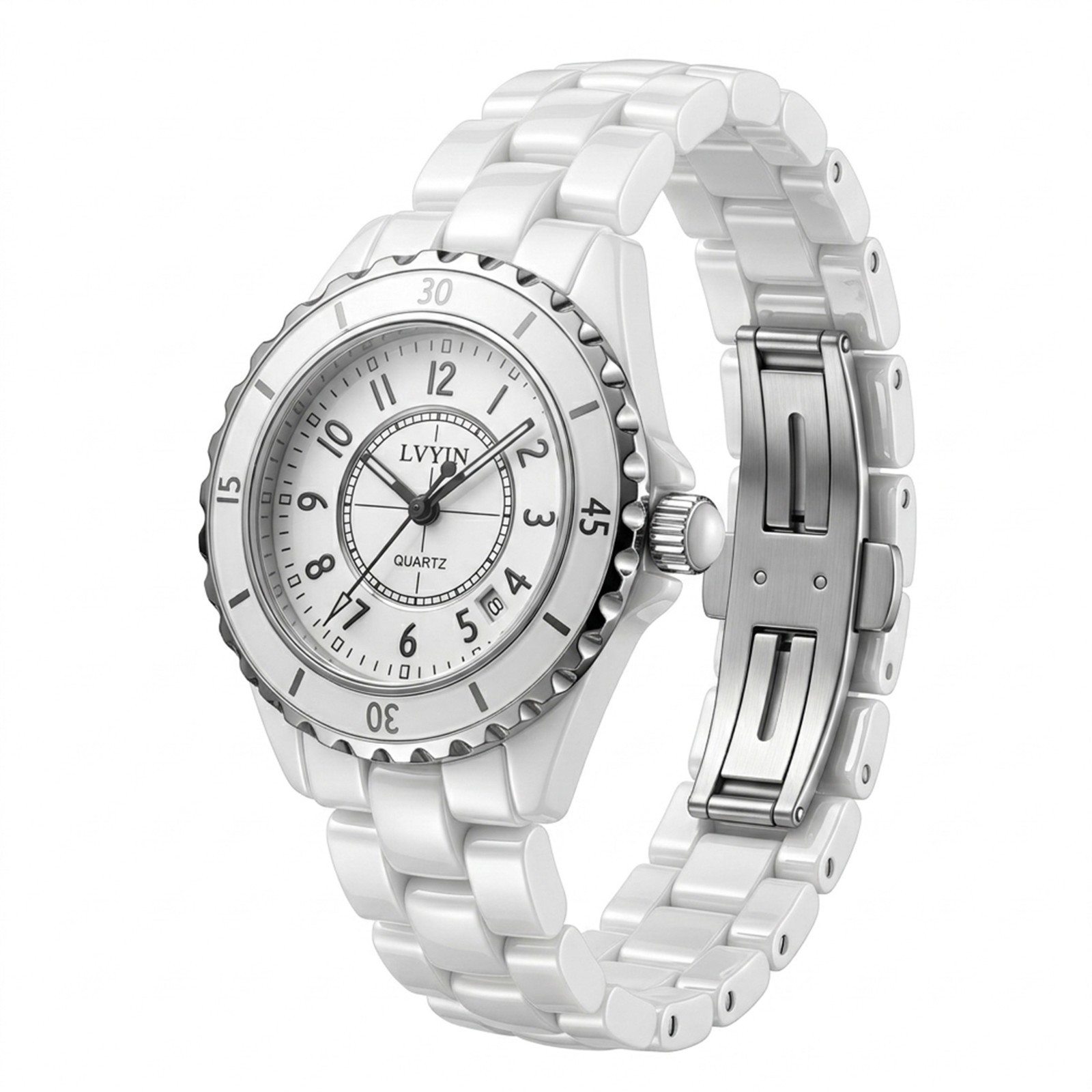 VORSEL Womens White Ceramic Watch Elegant Quartz Analog Wristwatch
