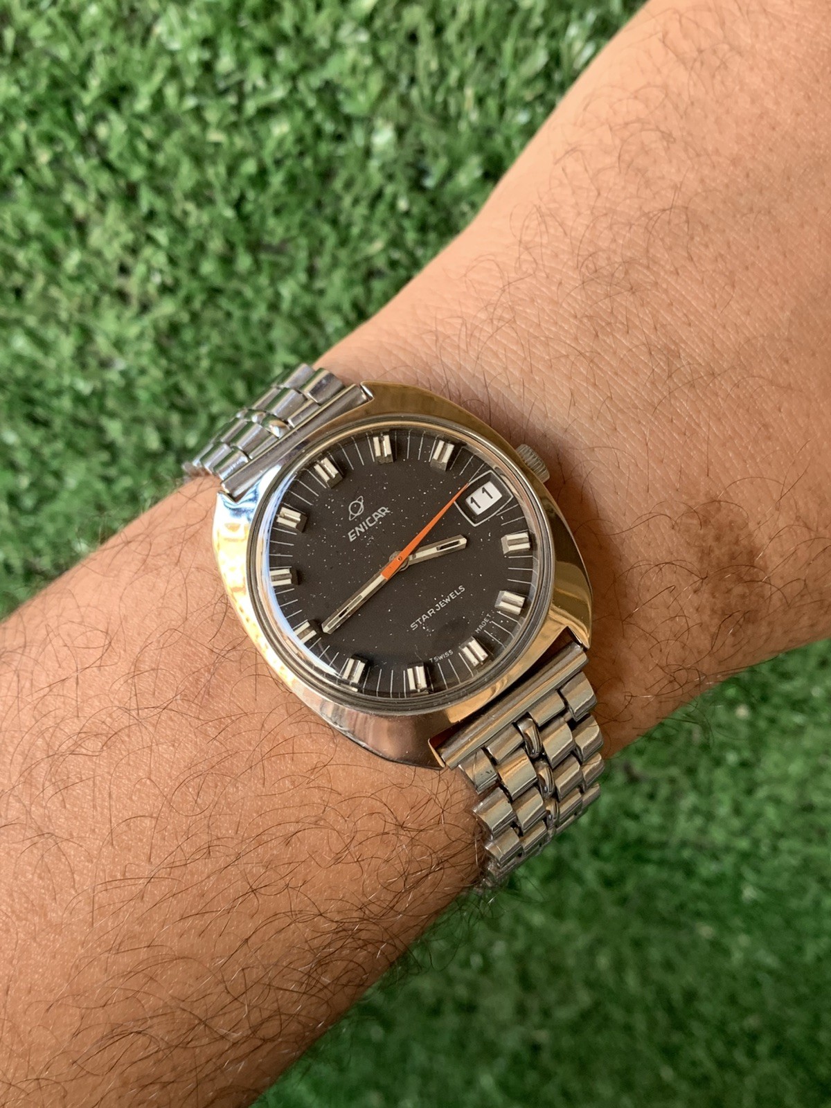 Vintage Enicar Ocean Pearl Watch Stainless Steel Star Jewels Dial 36mm Men 1960s