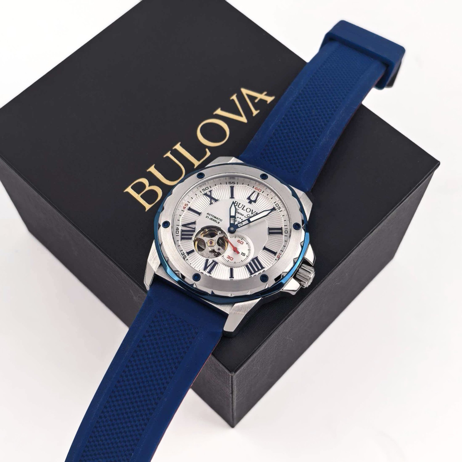 Bulova 98A225 Marine Star Men’s Silver-Tone Dial Silicone Band Men’s Watch 45mm