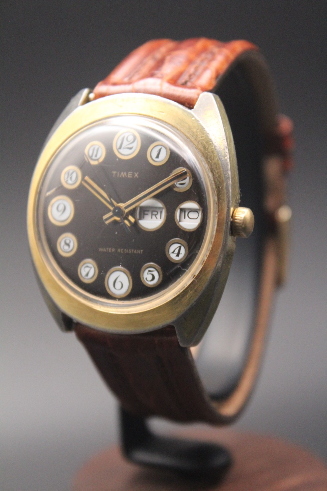 Vintage Timex Manual Wind Day-Date “Telephone Dial” Brown Dial Watch