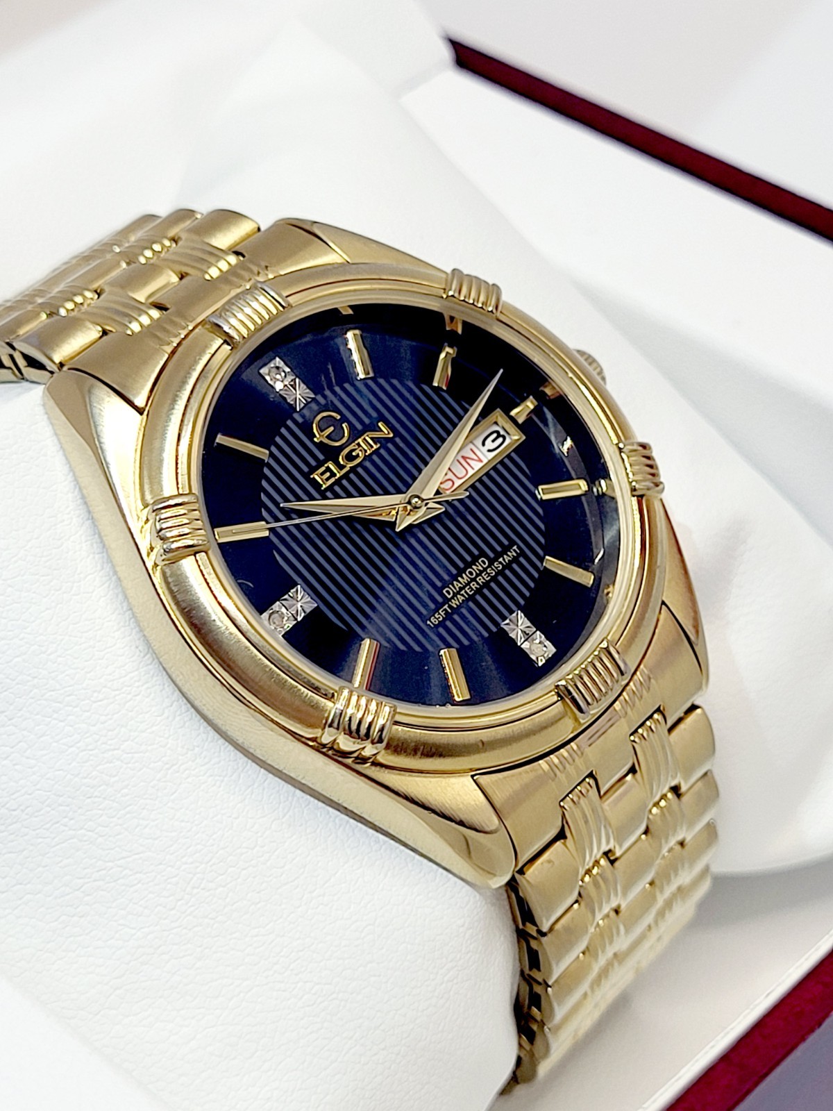 Elgin Men’s Gold Tone Watch 1990s [MINT] Black Pinstripe Dial Diamond Accents