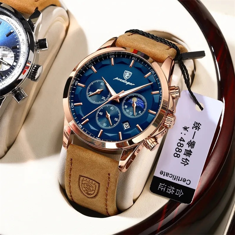 Luxury Chronograph Men’s Watch Leather Strap Quartz Waterproof Business Wristwat