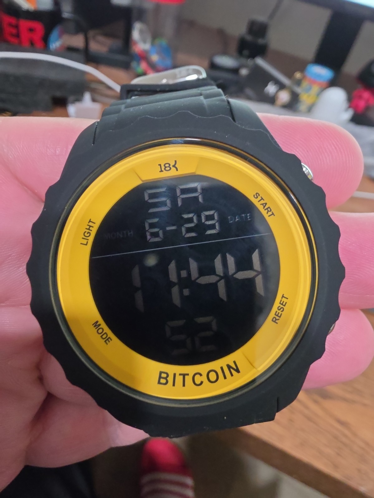 Bitcoin Digital Quartz Alarm Day/Date Black Rubber Strap Gold Fixed Bezel