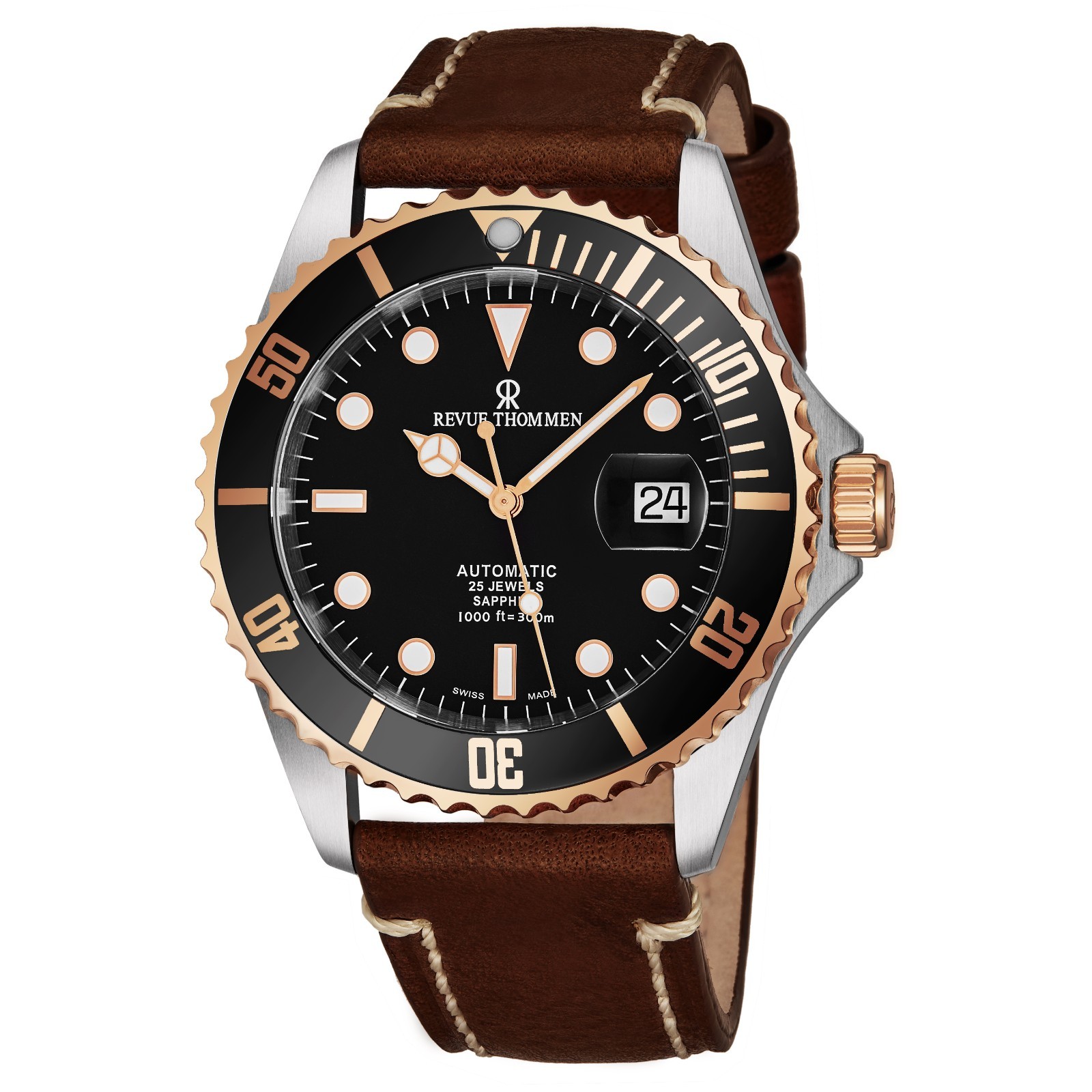 Revue Thommen Diver Auto Black Dial Light Brown Leather TT Swiss 17571.2557
