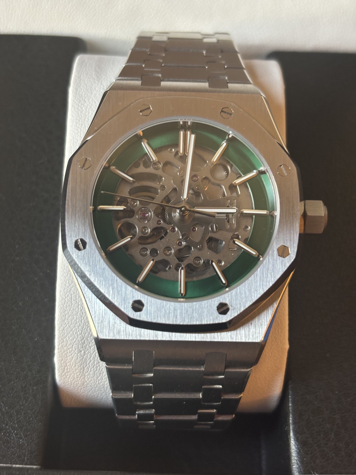 Custom 41mm Brushed “RO” Style open skeleton green dial NH70
