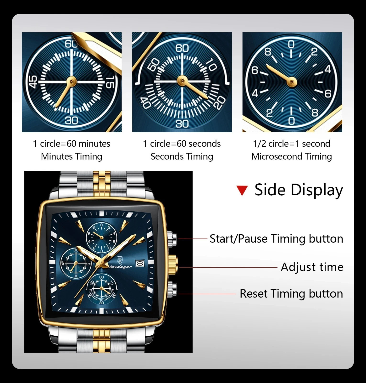 Luxury Men’s Watch Square Stainless Steel Waterproof Luminous Chrono