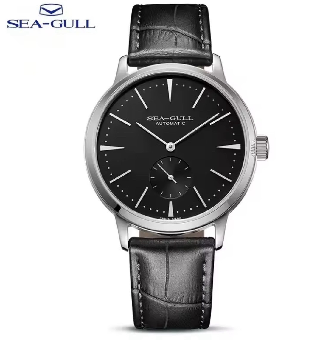 Sea-Gull Automatic Men’s Black Dial Black Leather Strap 40mm 50m Exhb Back