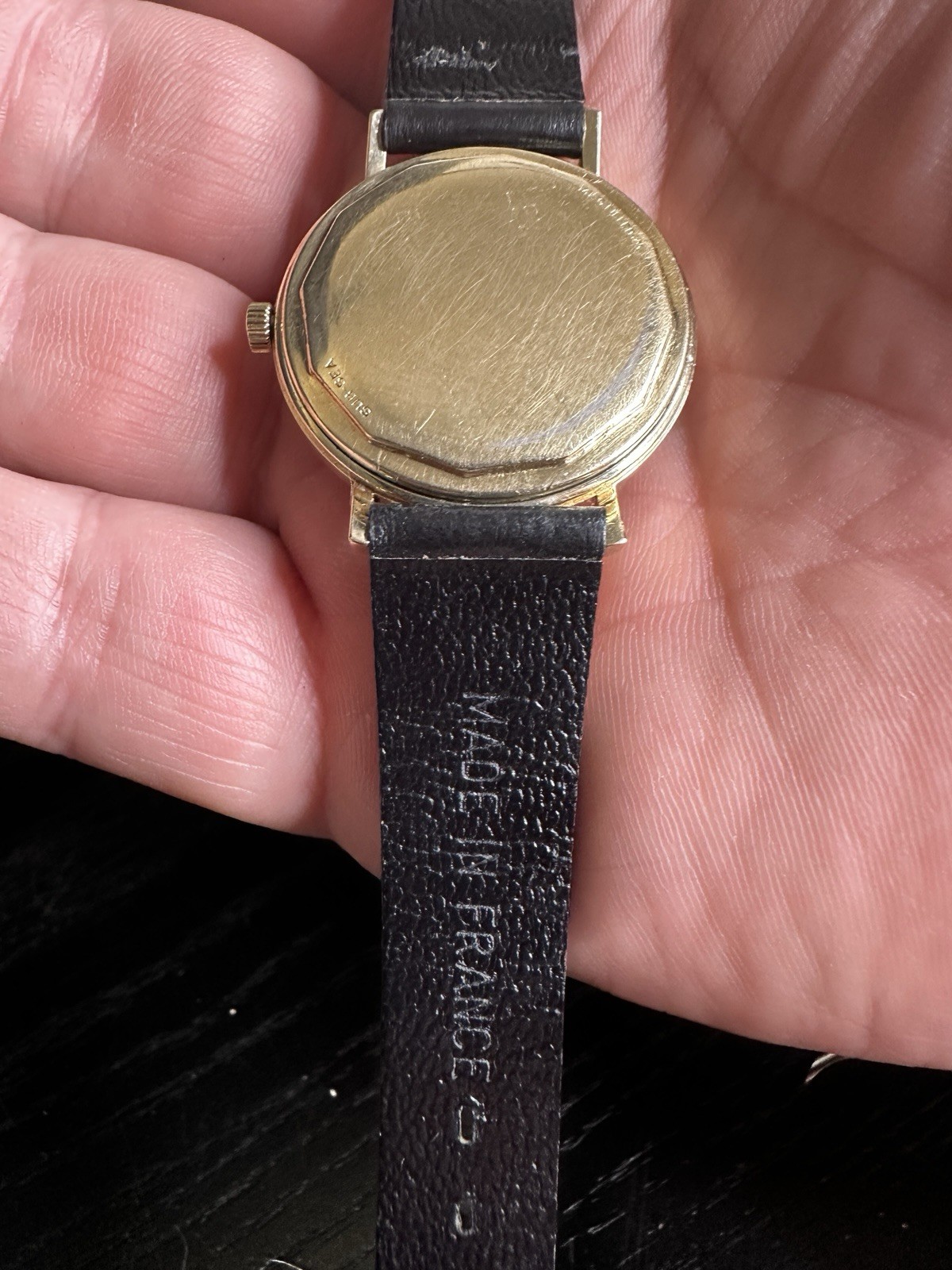 Vintage Movado Swiss Automatic 17J Gold Plated 34mm Silver Dial Black Leather