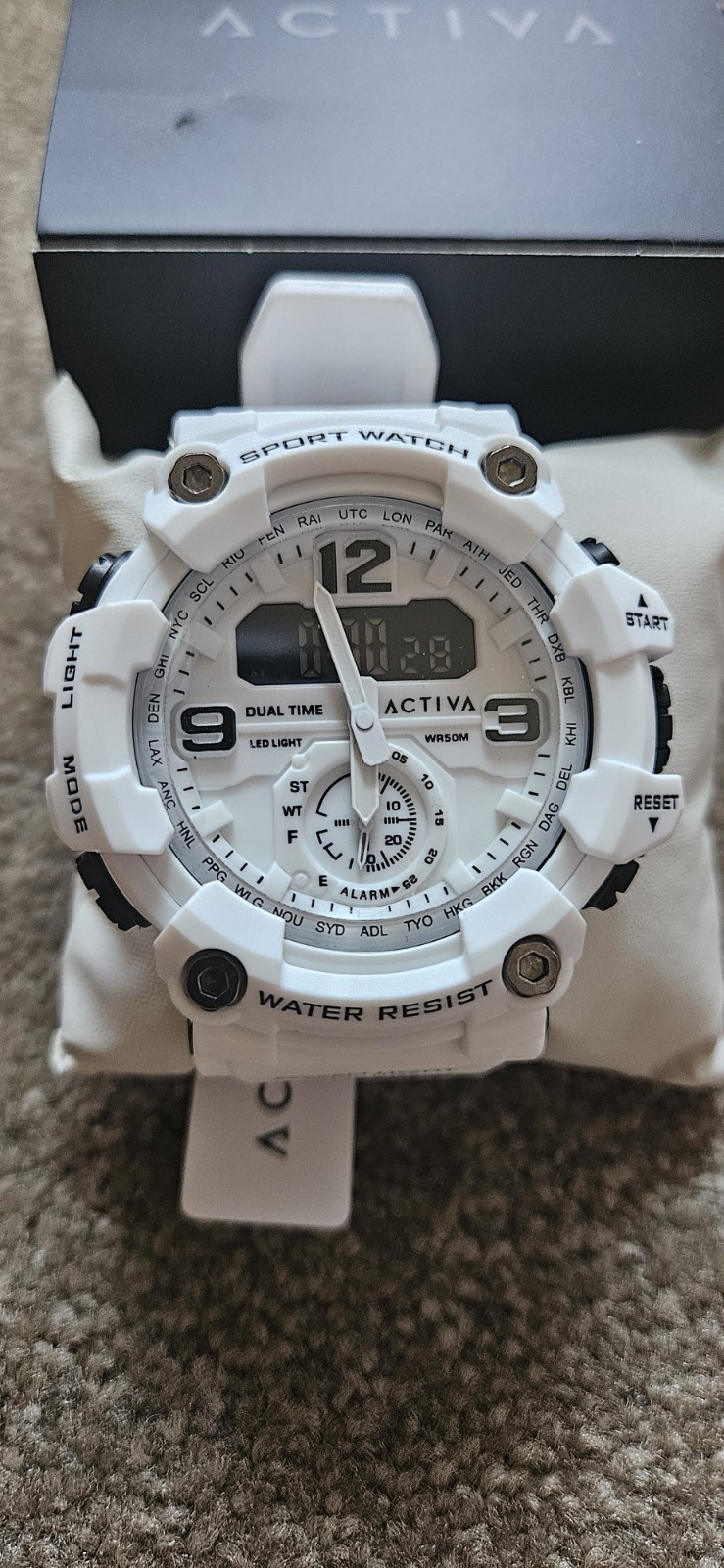 Activa Dual Time Quartz Analog/Digital White Resin Strap WR 50m 52mm Box