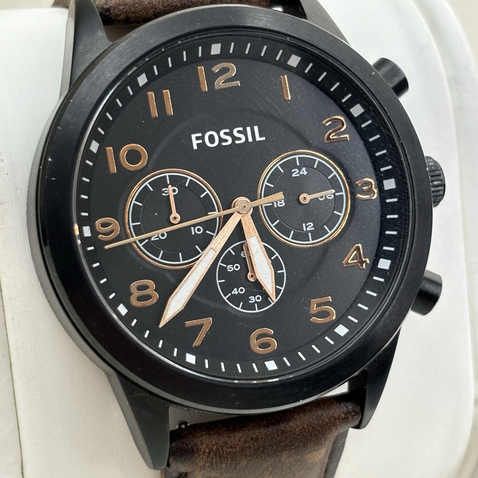 Vintage Fossil Flight Black Quartz Watch Chronograph Style BQ2376 Leather – Runs