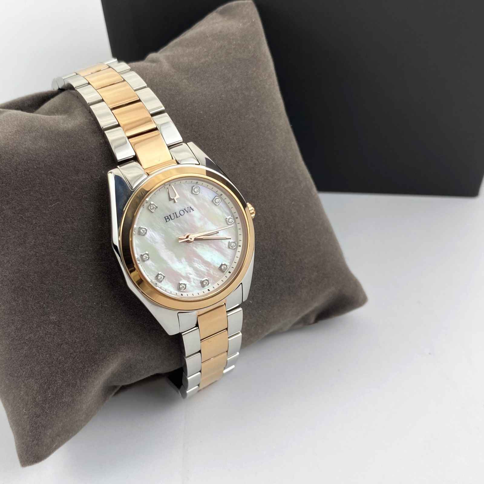Bulova Surveyor 98P207 Womens Watch Mother of Pearl Dial Rose Gold Tone Strap