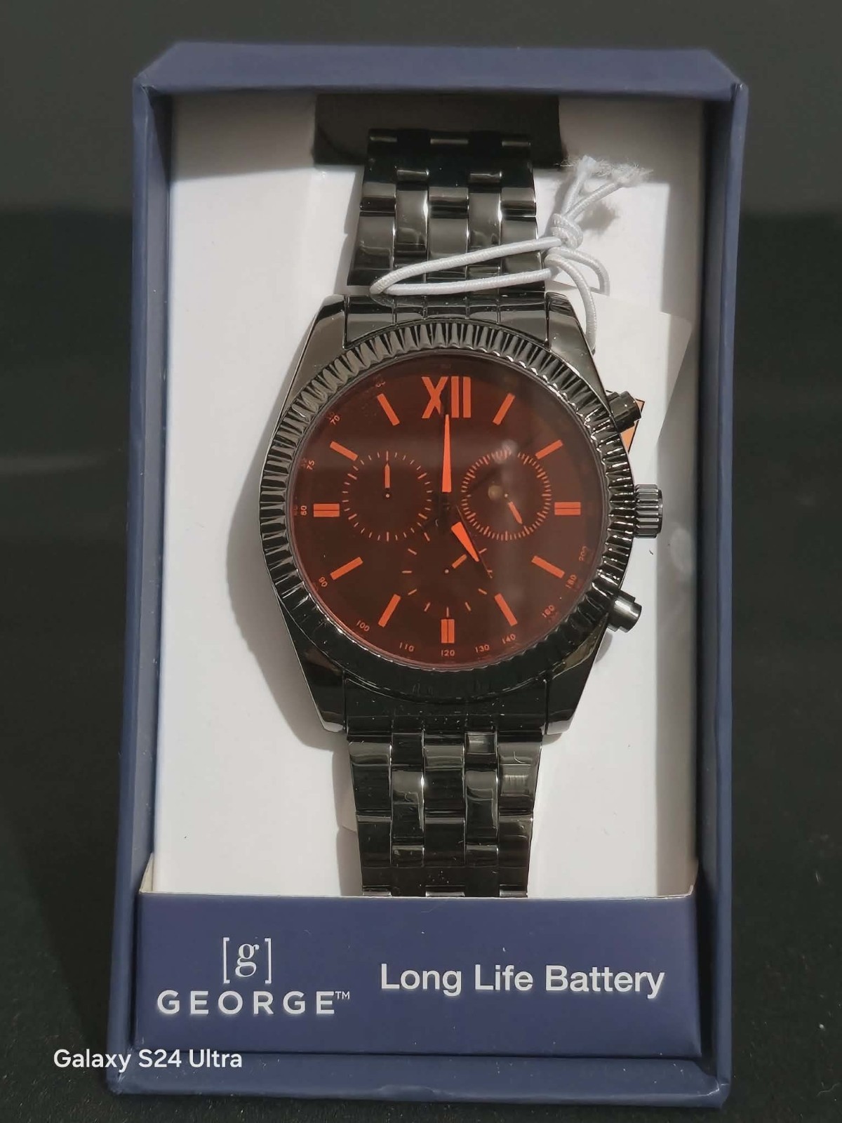 George Men’s Analog Watch Black Stainless Steel Bracelet Red Dial Quartz NEW