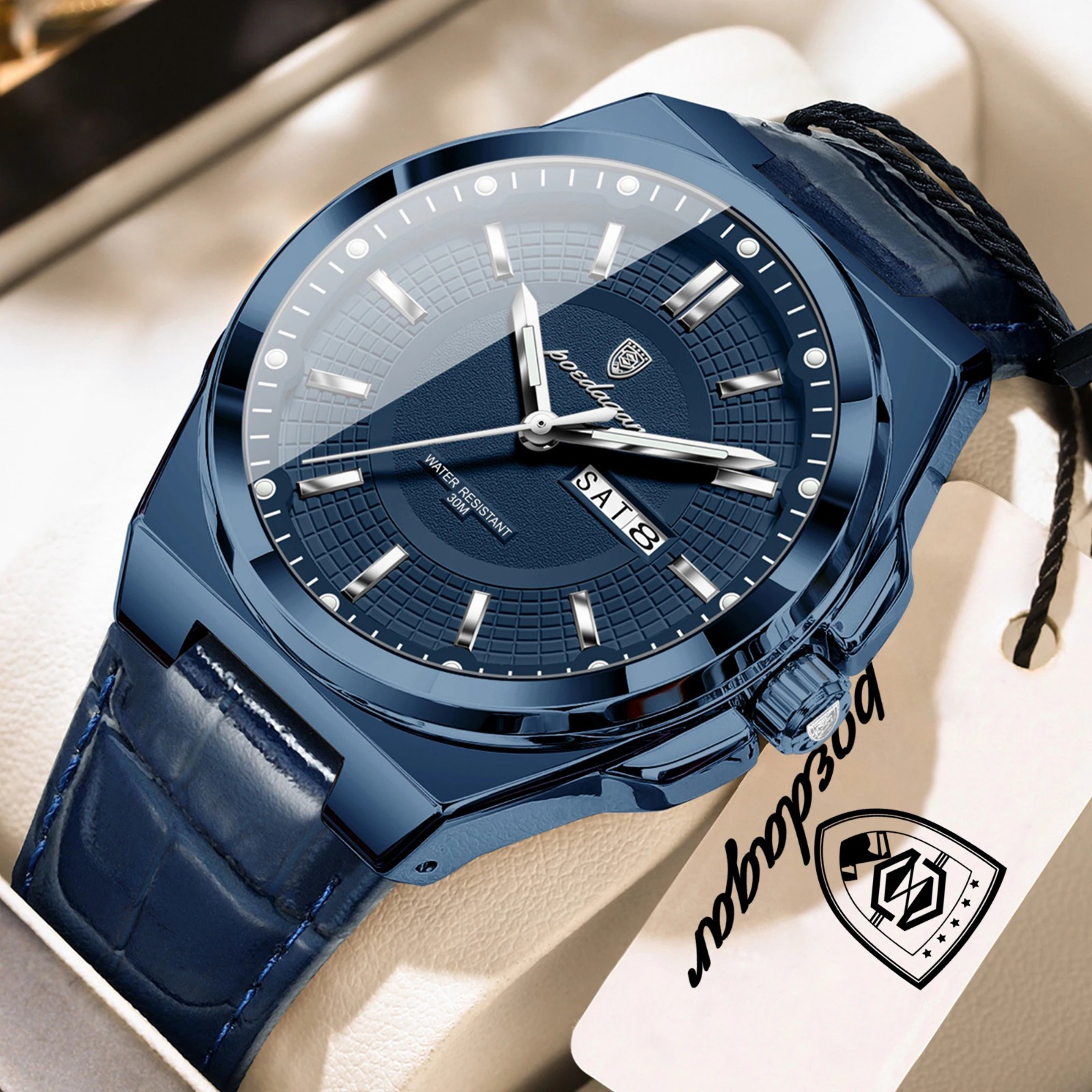 POEDAGAR Men’s Watch Waterproof Luminous Date Week Quartz Leather Business Watch
