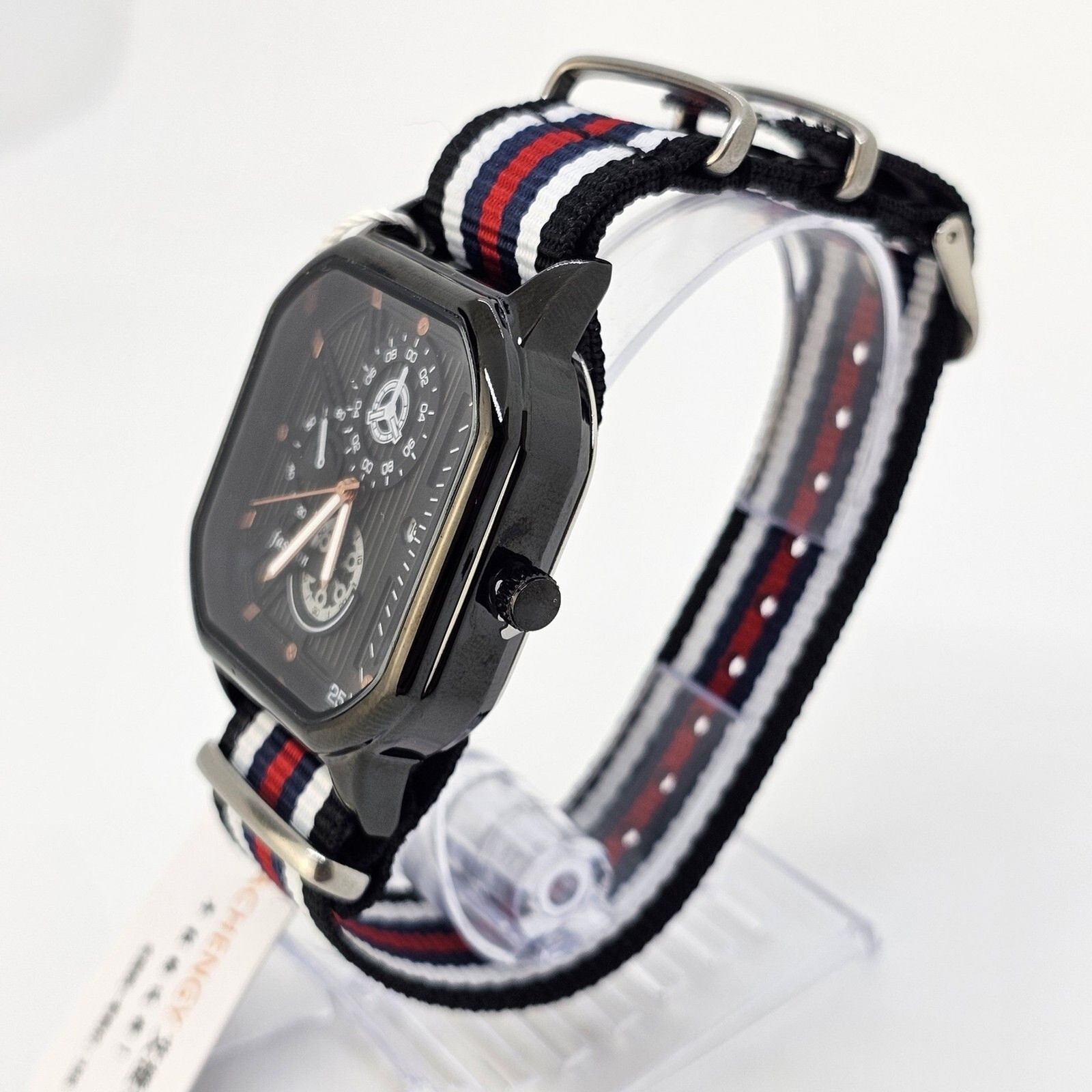 42MM Men’s Watch Black Dial Date Navy Blue Red White Black Canvas Band Strap