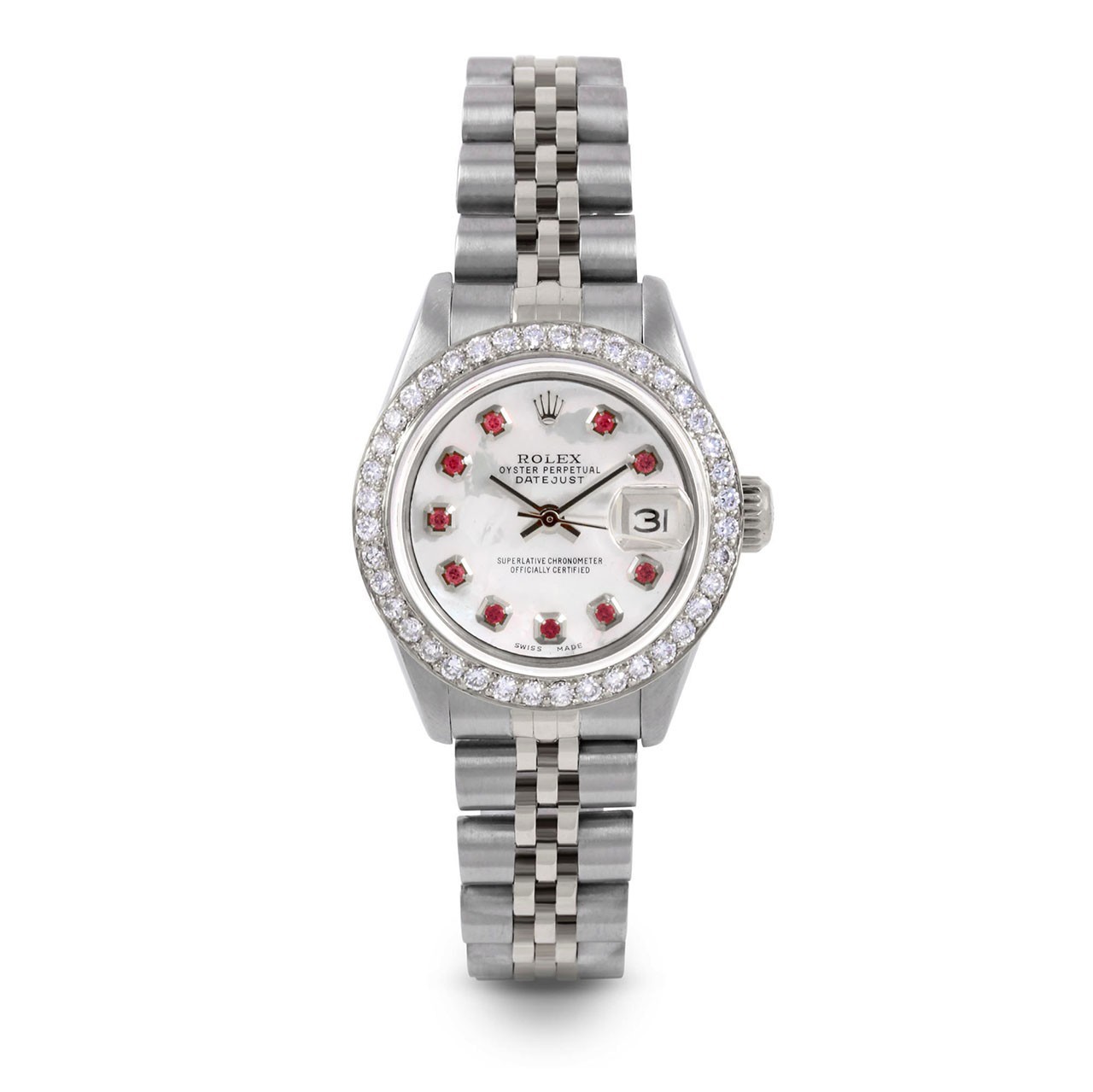 Rolex Ladies Datejust Mother Of Pearl Ruby Dial Diamond Bezel Jubilee Band
