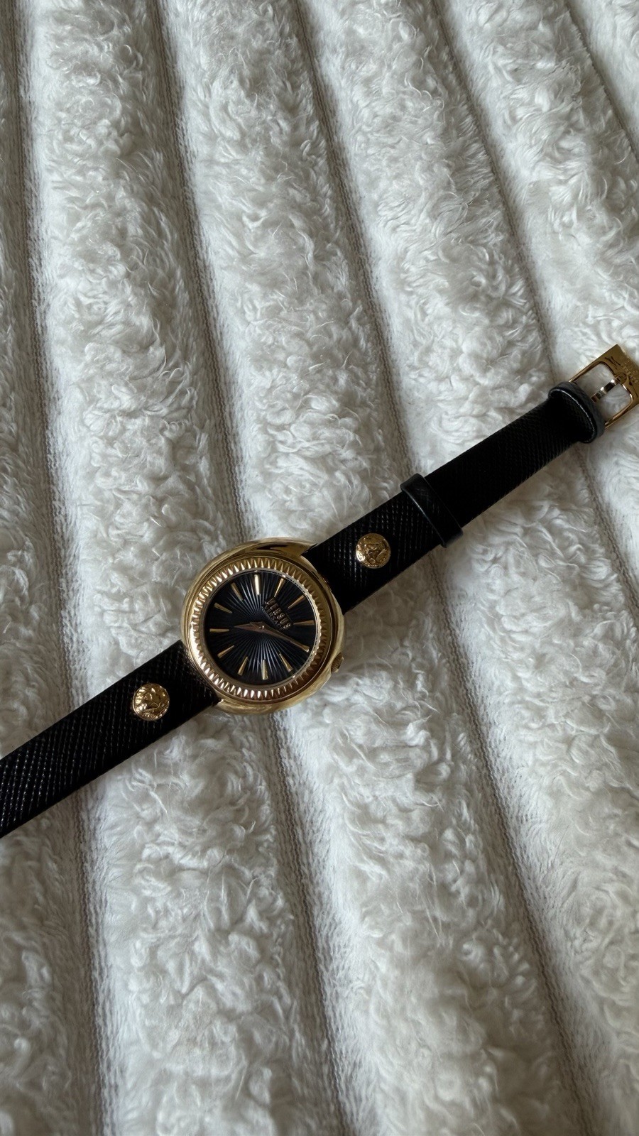 Versus Versace Women’s Quartz Watch Gold Tone Case Black Dial Leather Strap