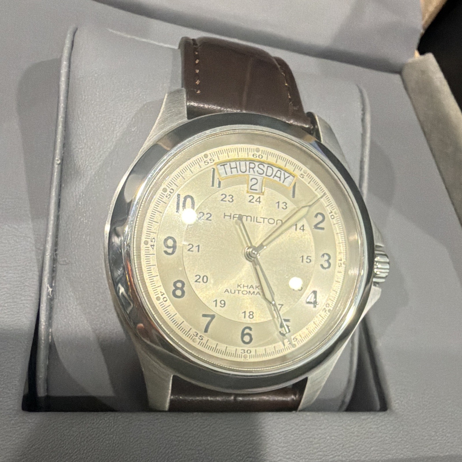 Hamilton Khaki Automatic Day-Date 40mm Silver Dial Brown Leather Strap Box