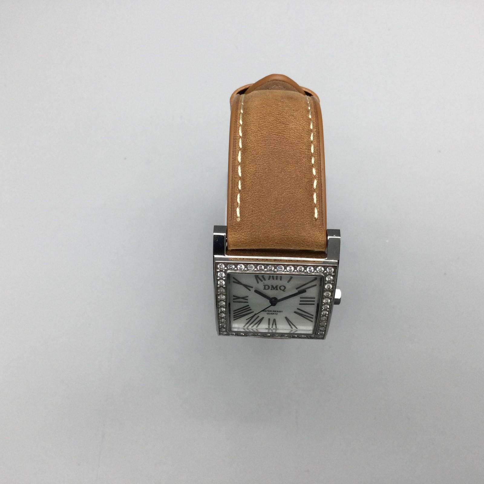 DMQ Square Watch Womens 28mm Silver Tone Crystals Tan Leather Strap New Battery