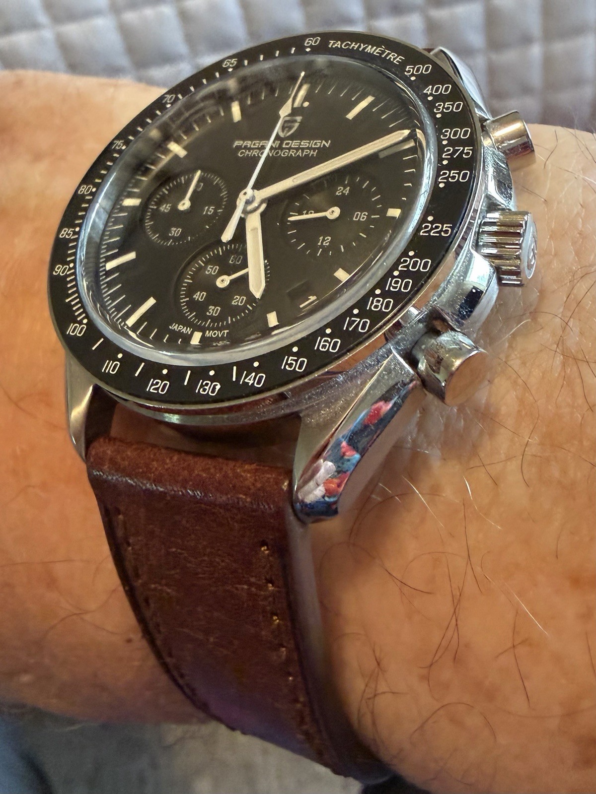 Pagani Design Quartz Chronograph Tachymeter Wristwatch Black Dial Brown Leather