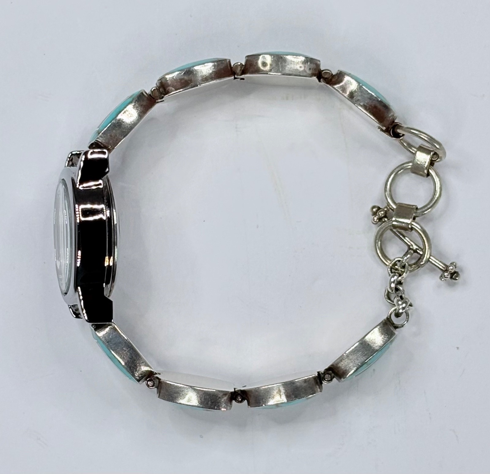 Southwest Style Women’s Bracelet Watch~Sterling, Turquoise, Lab Opal-New/Refurb.