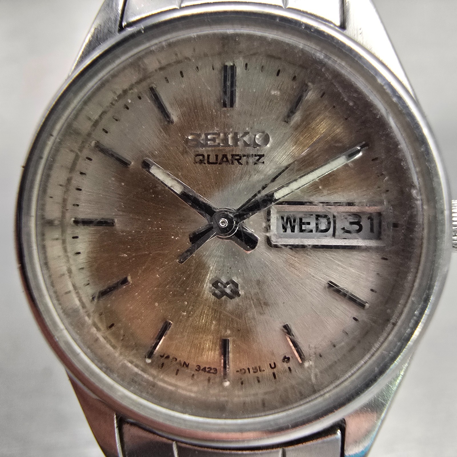 Seiko SQ Watch Women 24mm Bronze Dial Silver Tone Daydate 3423-0099 New Battery
