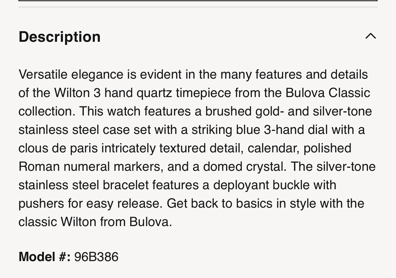 Bulova Wilton 3 hand quartz timepiece. Model number-96B386