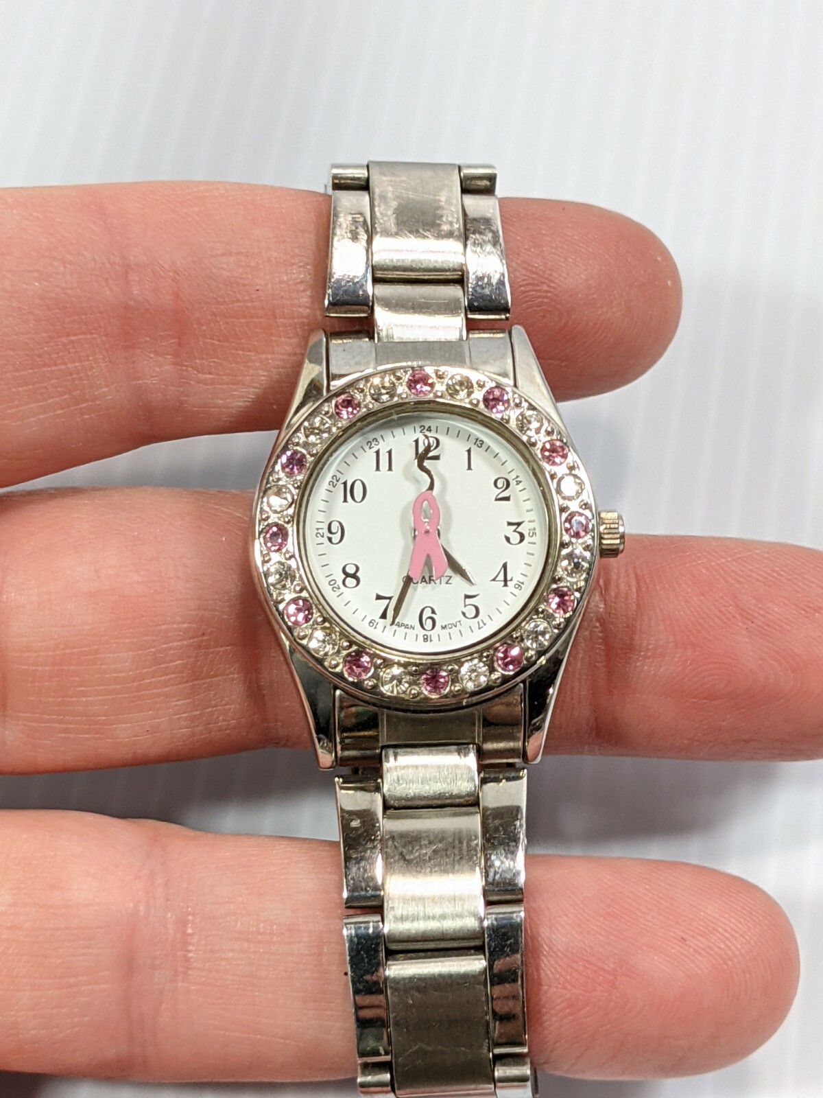 Scrub Stuff Silver Tone Pink Crystal Ribbon Awareness Women’s Watch 6 Inch