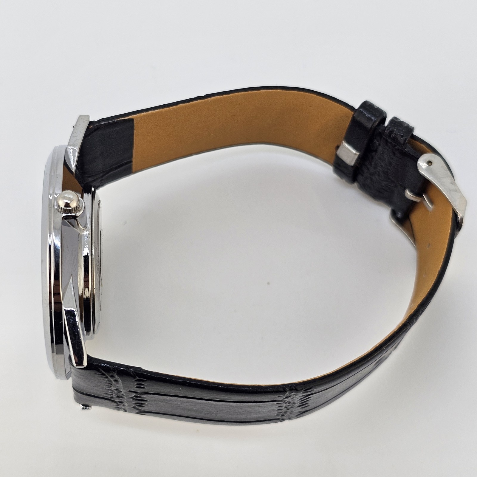 42MM Men’s Watch Roman Numerals Tan Dial Black Leather Bands New Battery