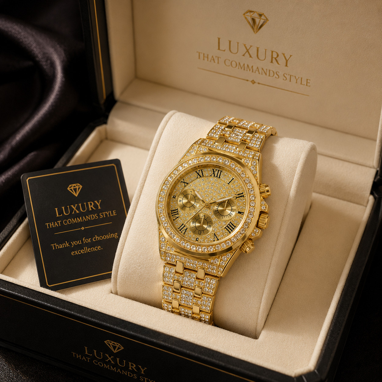 Luxury Gold Plated Triple Dial Quartz Watch with Rhinestones for Men