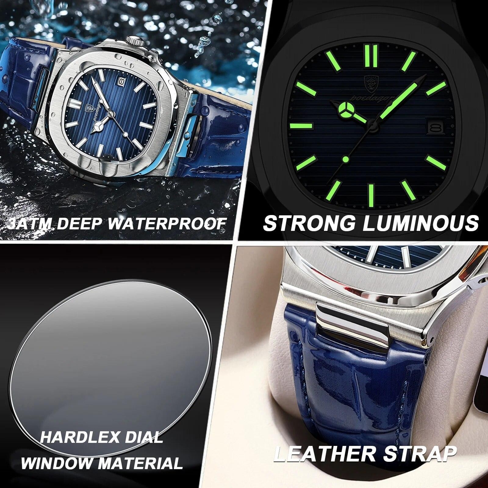 Poedagar Luxury Square Men Watch Date Waterproof Luminous Wristwatch