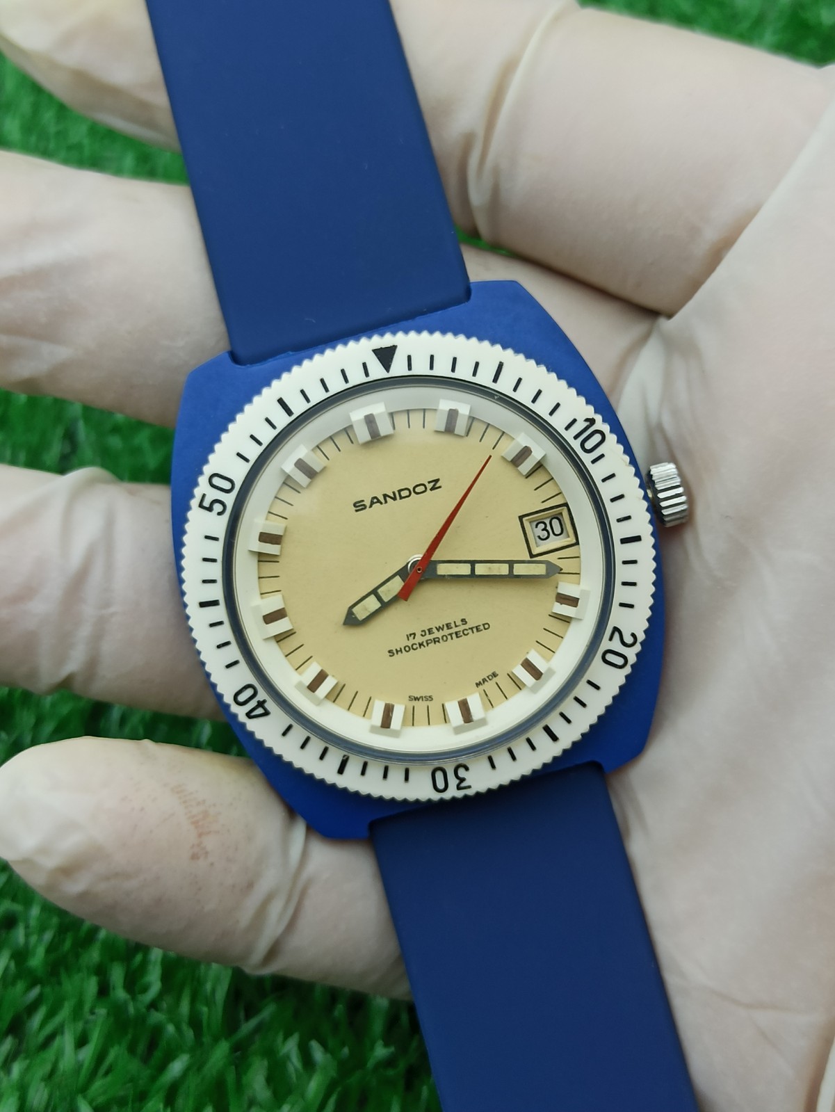 HYPER-RARE SANDOZ INCABLOC JUMBO DIVER BLUE WATCH MECHANICAL SWISS 1970s